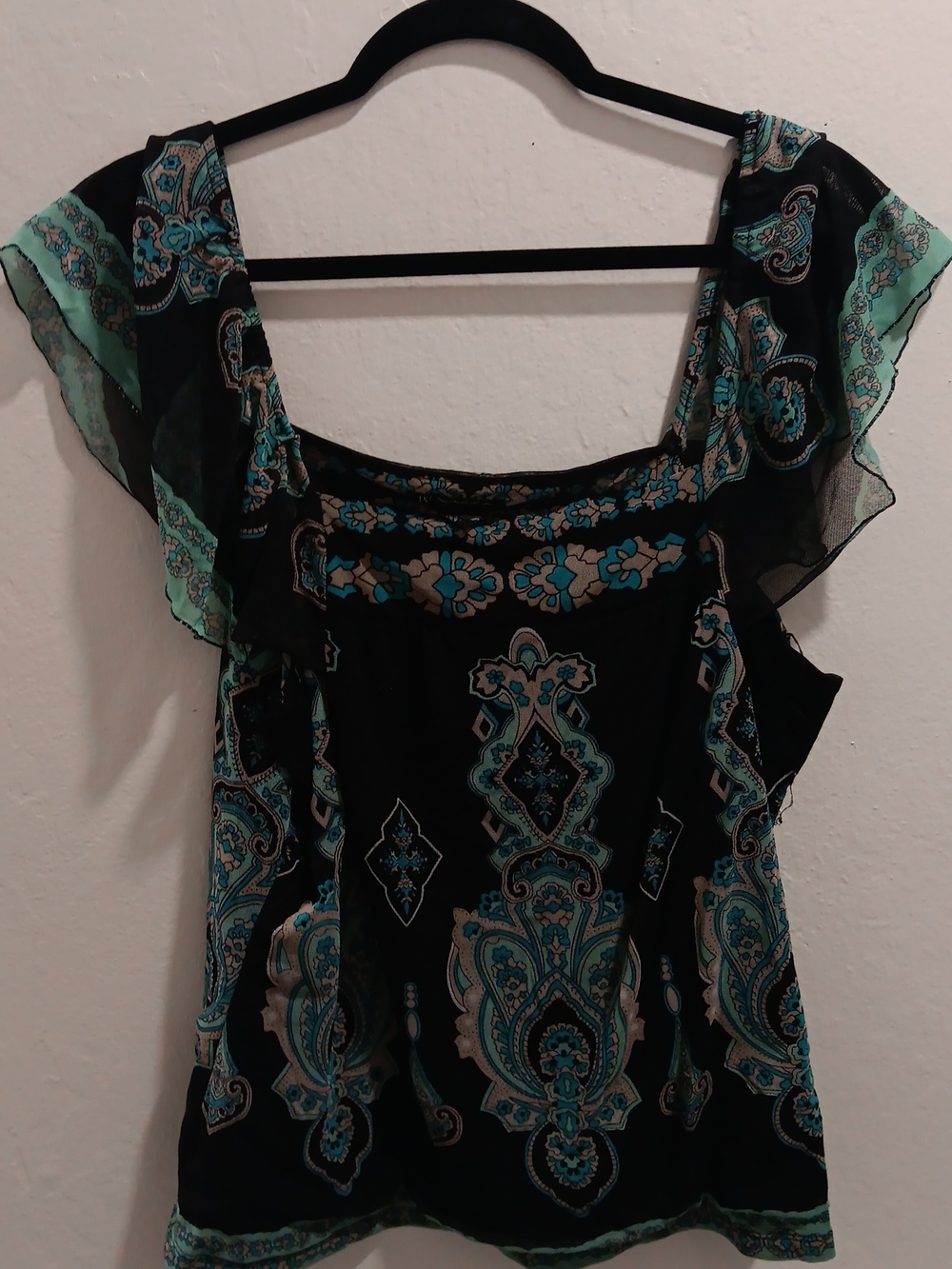 Women's Black Floral Paisley Flutter Sleeve Top - Teal Accents